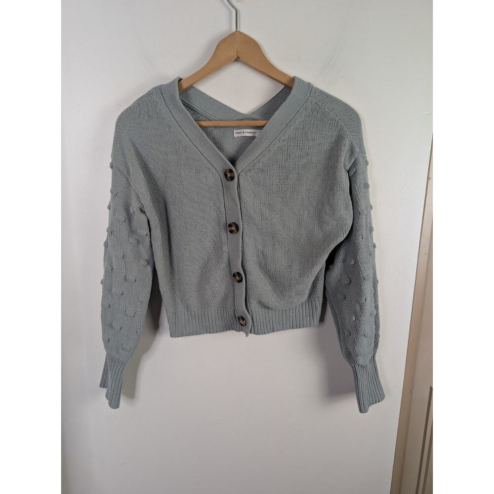 Moon & Madison Small S Cardigan Sweater Light Green Pom Pom Sleeves